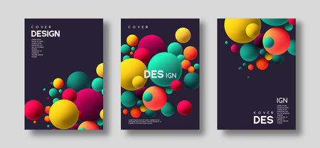 Set of posters, brochures with 3d colorful spheres. Abstract cover design. Vector illustration.のイラスト素材