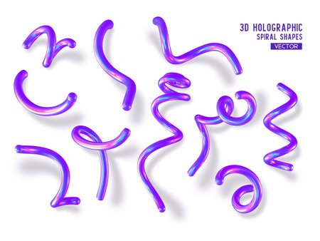 Set of 3d holographic abstract spiral shapes. Glossy geometric purple primitives with shadow on white background. Iridescent trendy design, thin film effect. Vector.のイラスト素材