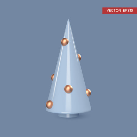 Glossy blue Christmas tree decorated gold balls. 3d primitive style. Decorative element for Christmas and New year holidays. Vector illustration.のイラスト素材