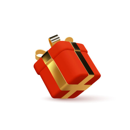 Red Gift Box with Golden Ribbon and Bow. Decorative Element for Christmas, New Year, Birthdays, Anniversaries or Seasonal Sales. 3D Vector Illustration Isolated on White.のイラスト素材