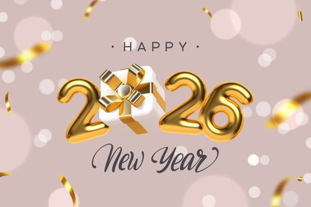 2026 New Year festive design with gold numbers and gift box. New Year and Christmas design. 3d vector illustration.のイラスト素材