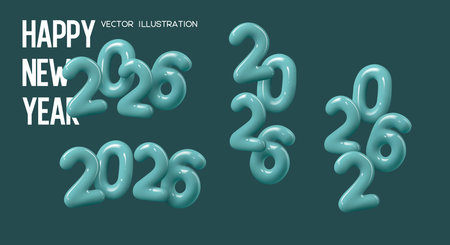Set of 2026 New Year numbers. Teal color glossy 3d elements for New Year and Christmas design. Vector illustration.のイラスト素材