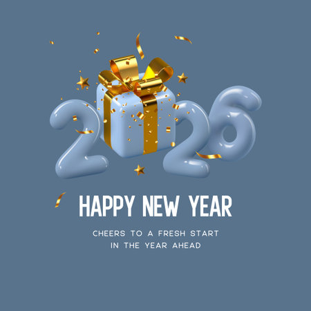 Happy 2026 New Year greeting featuring 3D blue glossy numbers with gift box and gold bow. Festive design for seasonal celebration. Vector illustration.のイラスト素材