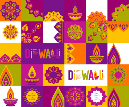 Colorful Diwali traditional design with diya lamp, rangoli mandala and festive grid pattern. Vibrant decorative background for Festival of Lights celebration. Vector illustration.のイラスト素材