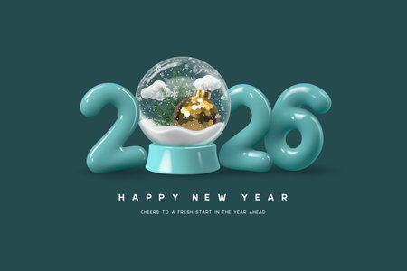 Happy New Year 2026 greeting with glass snowglobe, golden ornament, pine branches and falling snow...