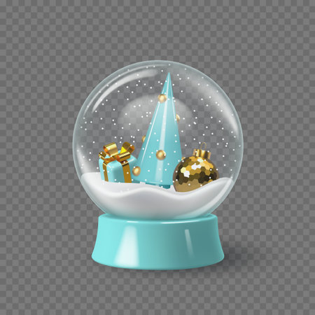 Glass snowglobe with golden reindeer, pine tree, blue gift box, and falling snow. Festive winter decoration for Christmas and New Year holiday design. Vector illustration.のイラスト素材