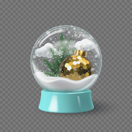Glass snowglobe with golden Christmas ornament, pine branches, clouds, and snowflakes inside. Elegant festive winter decoration for holiday celebration. Vector illustration.のイラスト素材