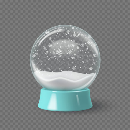 Empty glass snowglobe with falling snowflakes and white snow on transparent background. Winter festive decoration for Christmas or New Year design. Vector illustration.のイラスト素材