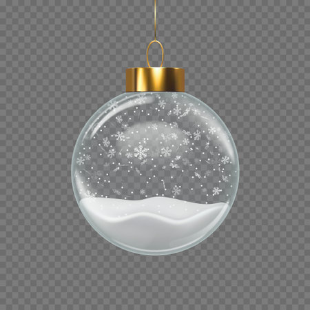 Empty glass Christmas bauble with snow and snowflakes inside on transparent background. Minimal festive winter decoration for holiday design. Vector illustration.のイラスト素材
