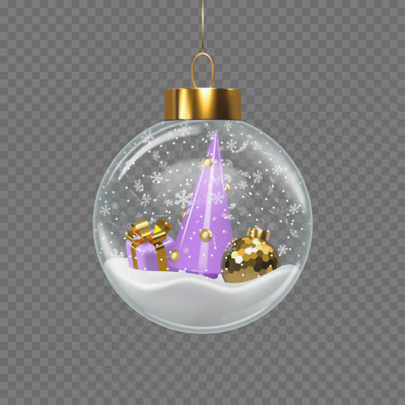 Glass transparent Christmas bauble with purple tree, golden gifts and snow inside. Elegant festive winter decoration for Christmas and New Year holiday celebration. Vector illustration.のイラスト素材
