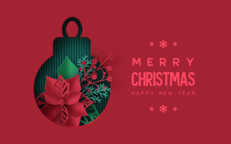 Elegant paper cut Christmas ornament with poinsettia, holly leaves, and berries on red background. Modern festive greeting card design with Merry Christmas and Happy New Year text. Vector.のイラスト素材