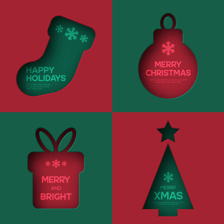 Modern minimalist Christmas greeting card set with tree, gift, bauble, and stocking shapes in red and green paper cut style. Elegant festive design for winter holiday celebration. Vector.のイラスト素材