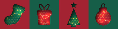 Christmas vector illustration with glowing garlands on cutout shapes of tree, bauble, gift, and stocking in red and green colors. Elegant festive background for holiday greeting or winter design.のイラスト素材