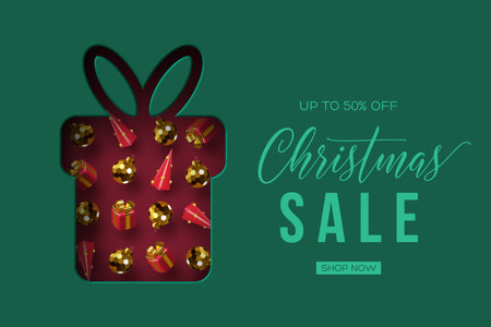 Vector Christmas sale banner with golden baubles, red gifts, and festive decorations inside a gift box shape on green background. Elegant holiday design for online store or seasonal promotion.のイラスト素材