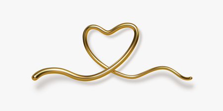 3d gold hand written heart with shadow on white background. Decorative elements for Valentines day or wedding design. Love sign and symbol. Vector illustration.のイラスト素材