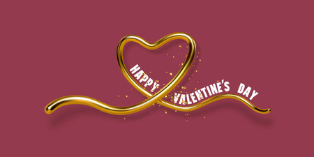 Happy Valentines day greeting banner. 3d gold hand written heart with shadow on red background. Love concept. Vector illustration.のイラスト素材