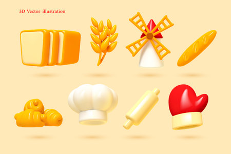 3D vector illustration of bakery icons bread, wheat, and chef hat. Smooth clay style for culinary menus and food apps. Professional kitchen graphics.のイラスト素材