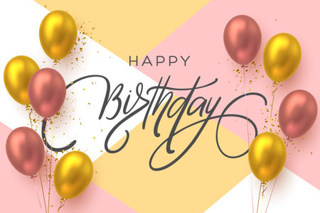 Happy Birthday holiday banner with handwritten lettering, 3d realistic glossy balloons and gold confetti. White and pink geometric background. Vector template for greeting card, poster.のイラスト素材