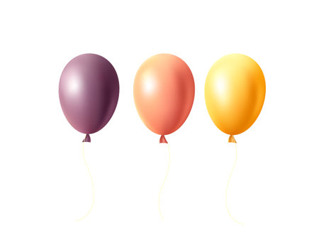Set of realistic 3D balloons in purple, orange and yellow colors isolated on white. Glossy vector illustration for birthday parties, celebrations and festive event decorations.のイラスト素材