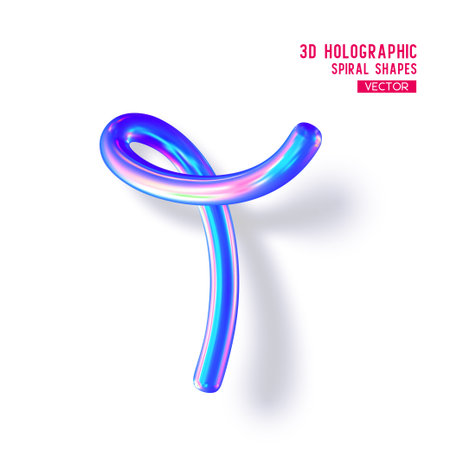 3d holographic abstract spiral shape. Glossy geometric blue primitive with shadow on white background. Iridescent trendy design, thin film effect. Vector.のイラスト素材