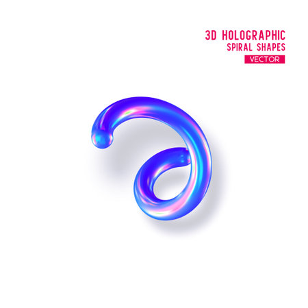 3d holographic abstract spiral shape. Glossy geometric blue primitive with shadow on white background. Iridescent trendy design, thin film effect. Vector.のイラスト素材