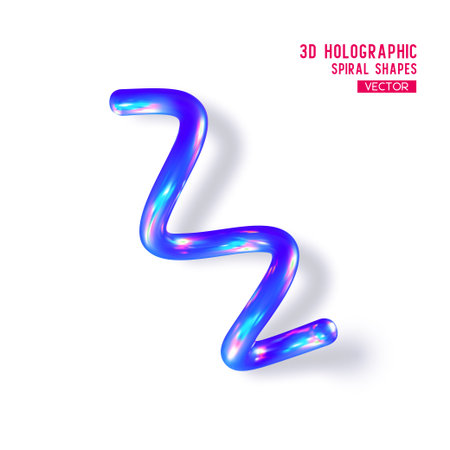 3d holographic abstract spiral shape. Glossy geometric blue primitive with shadow on white background. Iridescent trendy design, thin film effect. Vector.のイラスト素材