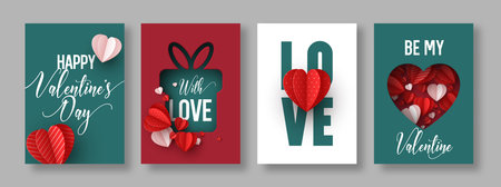 Set of Valentines Day greeting cards with 3D paper cut hearts, gift box and romantic typography. Vector templates for holiday banners, posters and invitations in red, teal and white colors.のイラスト素材