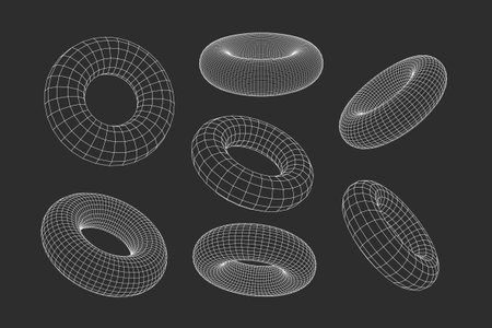 Abstract 3D torus geometry wireframe set. Blue and white vector grid rings on dark background. Mathematical mesh shapes for futuristic tech design, science and digital projects.のイラスト素材