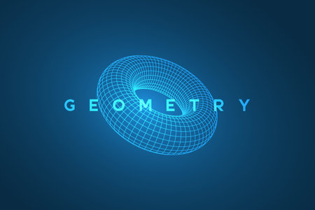Abstract vector illustration of a blue wireframe torus or donut shape with digital grid mesh. Mathematical 3D model representing geometry, technology and science concepts.のイラスト素材