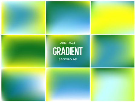 Collection of vibrant spring mesh gradients in green, yellow and blue. Abstract fresh backgrounds for nature, citrus and morning inspired designs. Bright blurred textures, vector illustration.のイラスト素材