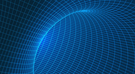 Digital network tunnel with 3D wireframe mesh and neon blue glowing geometric grid representing big data flow and global connection, technology vector illustrationのイラスト素材