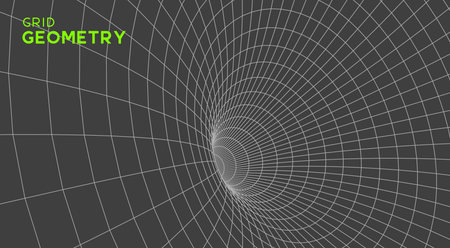 Abstract geometric 3D wireframe mesh tunnel with perspective grid lines in minimalist black and white style for technology, business, science and digital network designs, futuristic vector.のイラスト素材