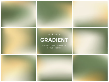 Collection of muted olive and sand mesh gradients. Abstract organic backgrounds for eco, botanical and minimal nature designs. Soft blurred textures for web and print, vector illustration.のイラスト素材