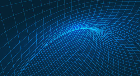 Modern UI, UX dashboard background with neon blue glowing 3D wireframe mesh tunnel and geometric perspective grid, technology interface vector illustration.のイラスト素材