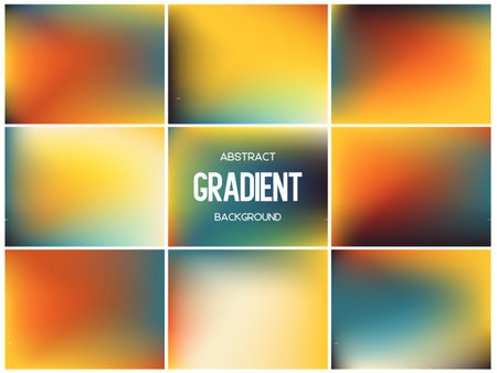 Collection of vibrant tropical mesh gradients. Abstract orange, red and turquoise backgrounds for summer, energy and travel designs. Bright blurred textures, vector illustration.のイラスト素材