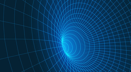 Mathematical geometric tunnel with 3D wireframe mesh surface and perspective grid lines in neon blue glowing style, parametric design vector illustration.のイラスト素材