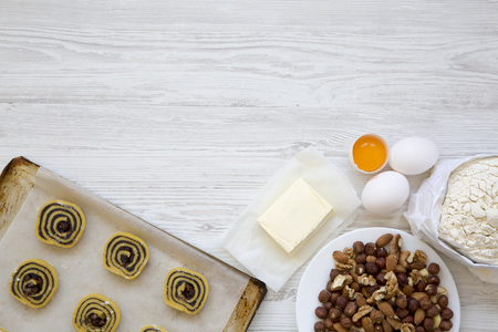 Uncooked cookies with ingredients. Top view, flat lay. Copy space.
