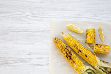 Grilled corn on the cob, view from above. Summer food. Copy space. Top view, flat lay, overhead.の写真素材