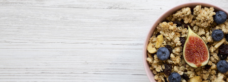 Top view, fruit granola with fruits. Flat lay, from above, overhead. Space for text.の写真素材