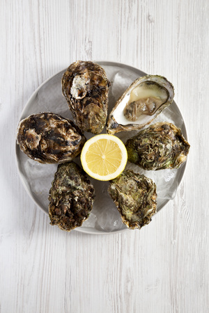 Fresh oysters on ice on gray plate over white wooden background, top view. Flat lay, overhead, from above. Close-up.の写真素材