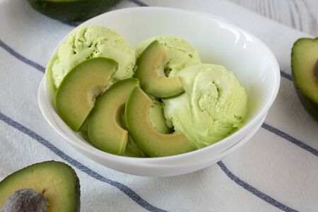 Homemade tasty avocado ice cream in a bowl, side view. Close-up.の写真素材