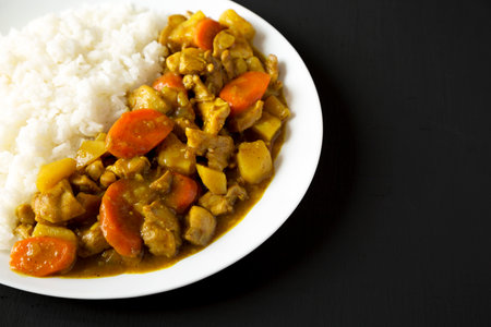 Homemade Japanese Chicken Curry on a white plate on a black background, side view. Copy space.の写真素材
