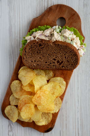 Homemade Chicken Salad Sandwich with Potato Chips, top view. Flat lay, overhead, from above.の写真素材
