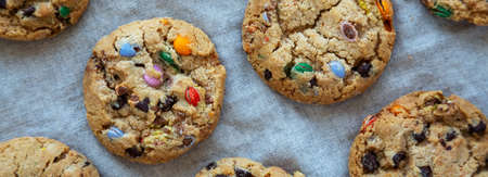 Homemade Chocolate Chip Candy Cookies, top view. Flat lay, overhead, from above.