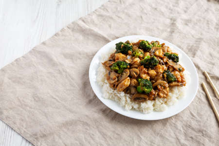Homemade Chicken Veggie Stir Fry with White Rice, side view. Space for text.の写真素材