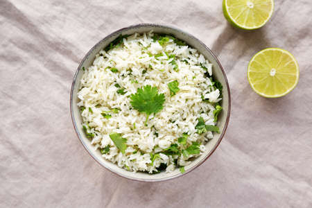 Homemade Cilantro Lime Rice in a Bowl, top view. Flat lay, overhead, from above.の写真素材