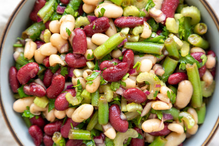 Homemade Three Bean Salad in a Bowl, top view. Flat lay, overhead, from above.の写真素材