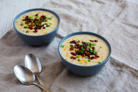 Homemade Corn Chowder with Bacon in Bowls, low angle view.の写真素材