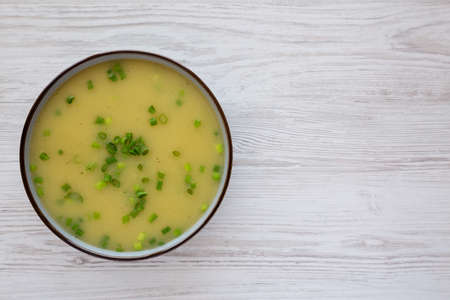 Homemade Potato Leek Soup in a Bowl, top view. Flat lay, overhead, from above. copyspace.の写真素材