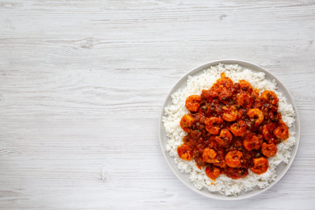 Homemade Cuban Shrimp Creole on a Plate, top view. Overhead, from above, flat lay. copyspace.の写真素材